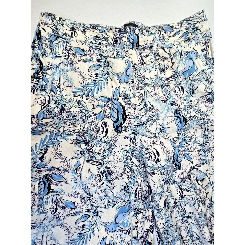Tahari Women’s 100% Linen Woven Wide-Leg Pull-On Floral Pants Blue/White SZ XL